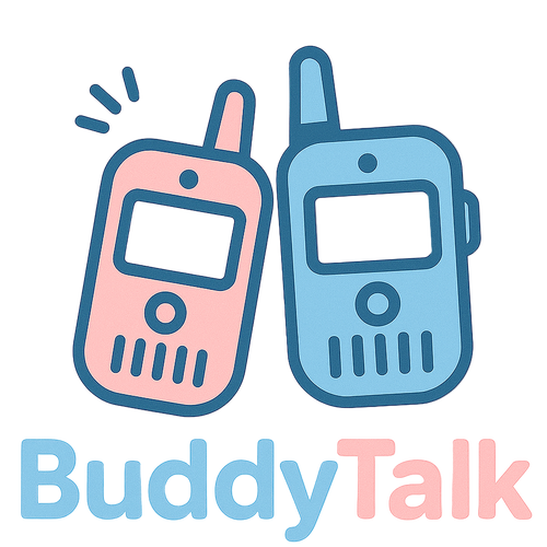 Two colorful walkie-talkies with 'BuddyTalk' text on a white background